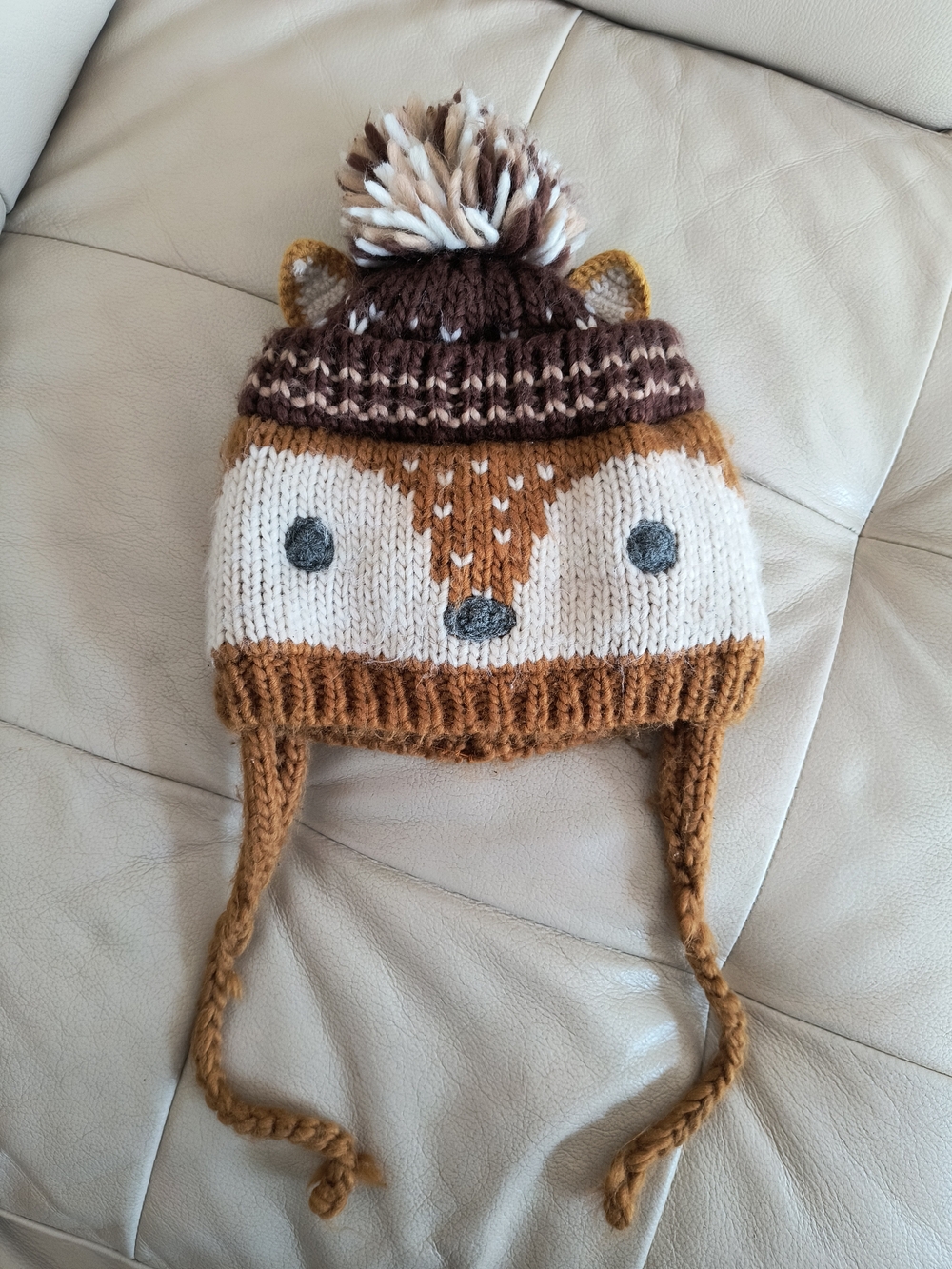 Zara Kids Brown & White Fox Knit Pom Pom Earflap Hat